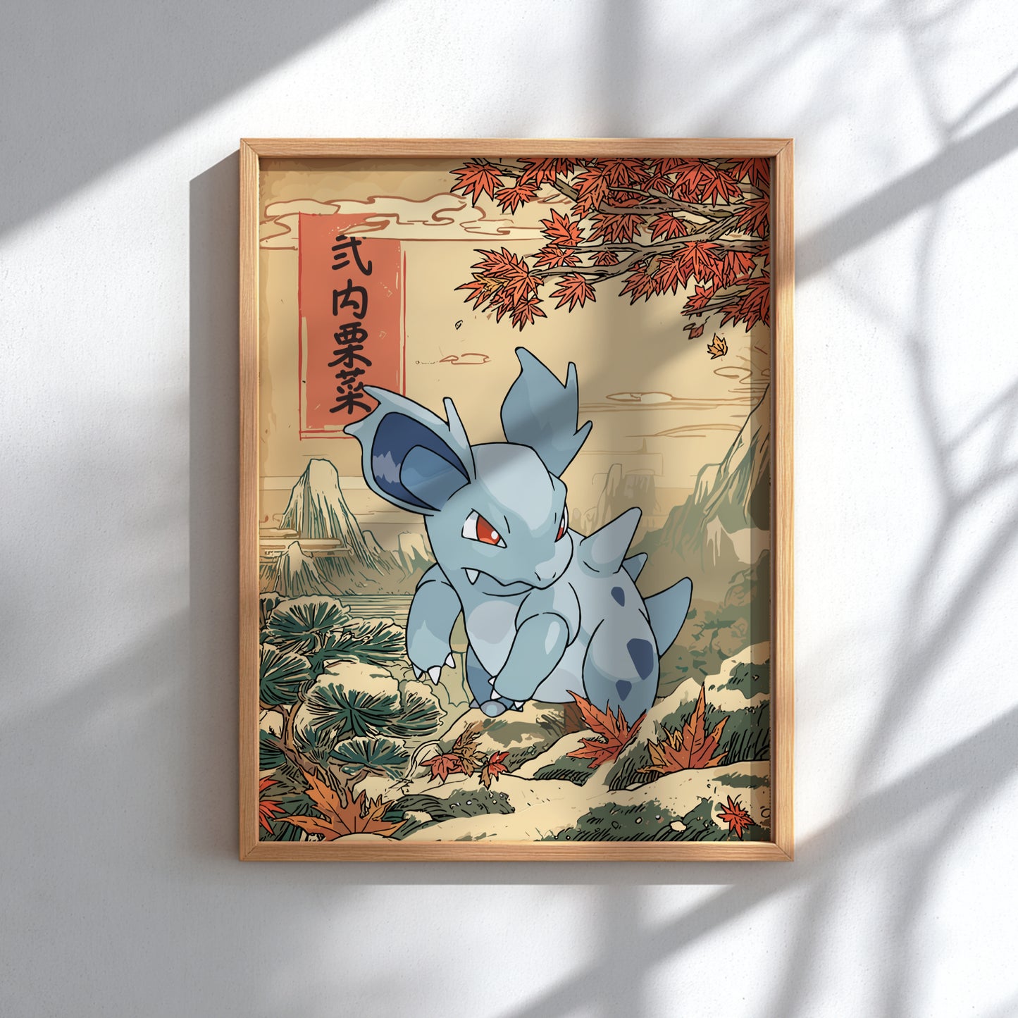 Framed artwork of Nidorina Pokemon with a traditional Japanese landscape background