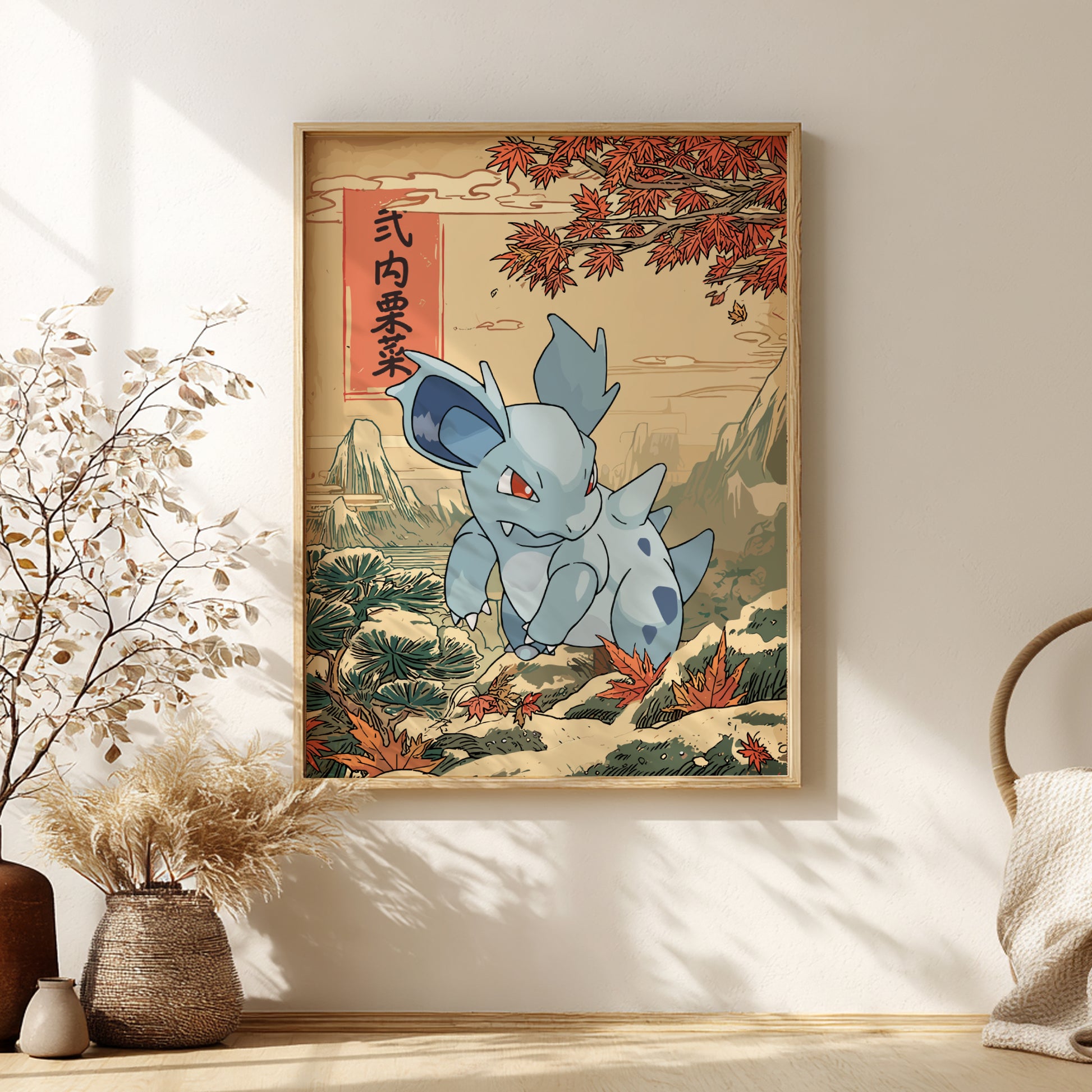 Framed artwork of Nidorina Pokemon in a natural setting on a wall with decorative elements.
