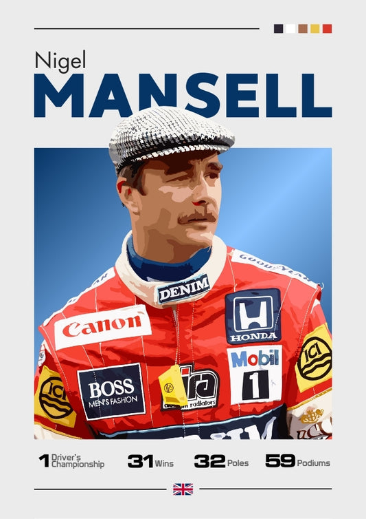 Affiche de Nigel Mansell – Champion du monde de F1 1992, légende britannique du sport automobile