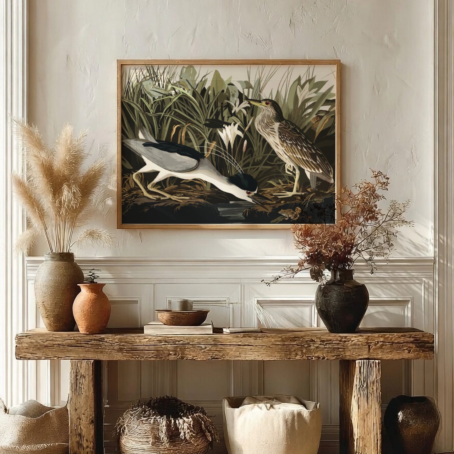 Night Heron art poster featuring detailed illustration, nature theme, rich colors, and elegant design for
