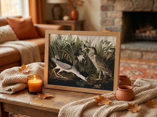 Night Heron art poster featuring detailed illustration, nature theme, rich colors, and elegant design for