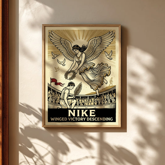 Winged Victory Descending poster featuring Nike, Greek goddess of victory, descending with a laurel wreath.