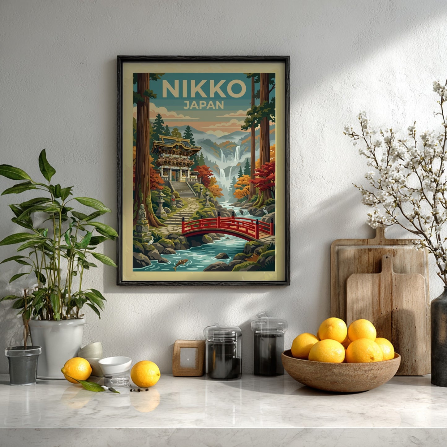 Nikko Japan travel poster featuring a traditional temple, red bridge, and misty mountains.