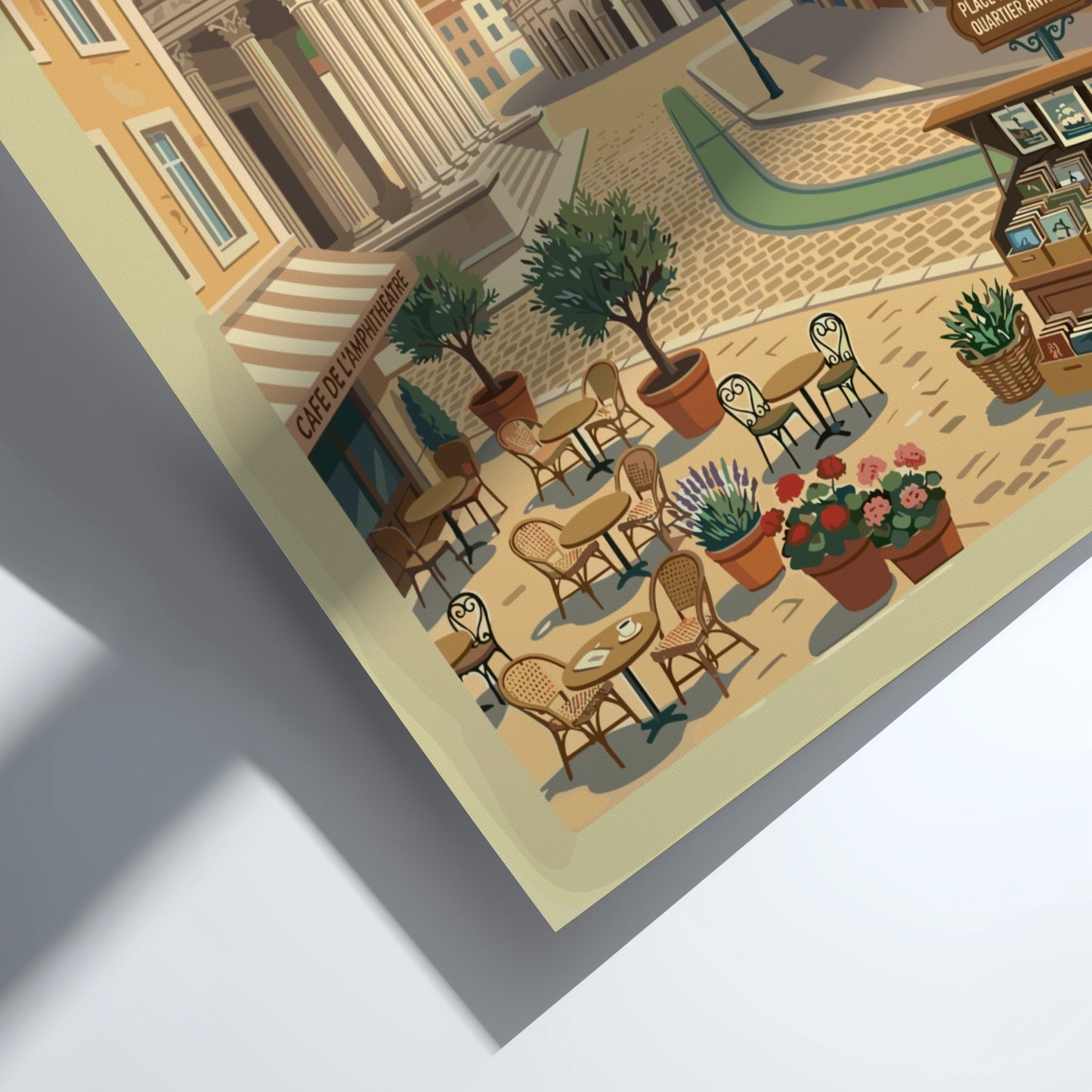Vintage travel poster of Nimes, France, showing Roman amphitheater and street cafe scene.