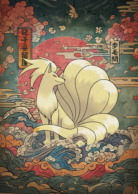 Sakura-themed illustration with Ninetales Pokemon on a colorful background