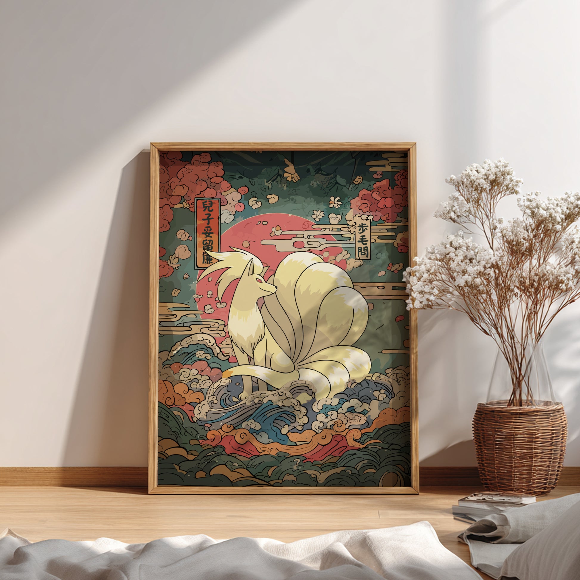 Framed artwork with Ninetales Pokemon design on a wall in a room with a vase of flowers.
