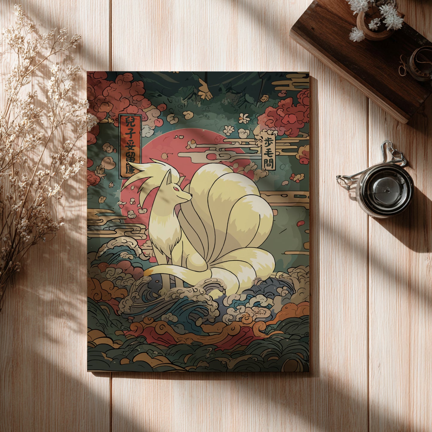Futurama-themed poster with Ninetales Pokemon design on a wooden surface