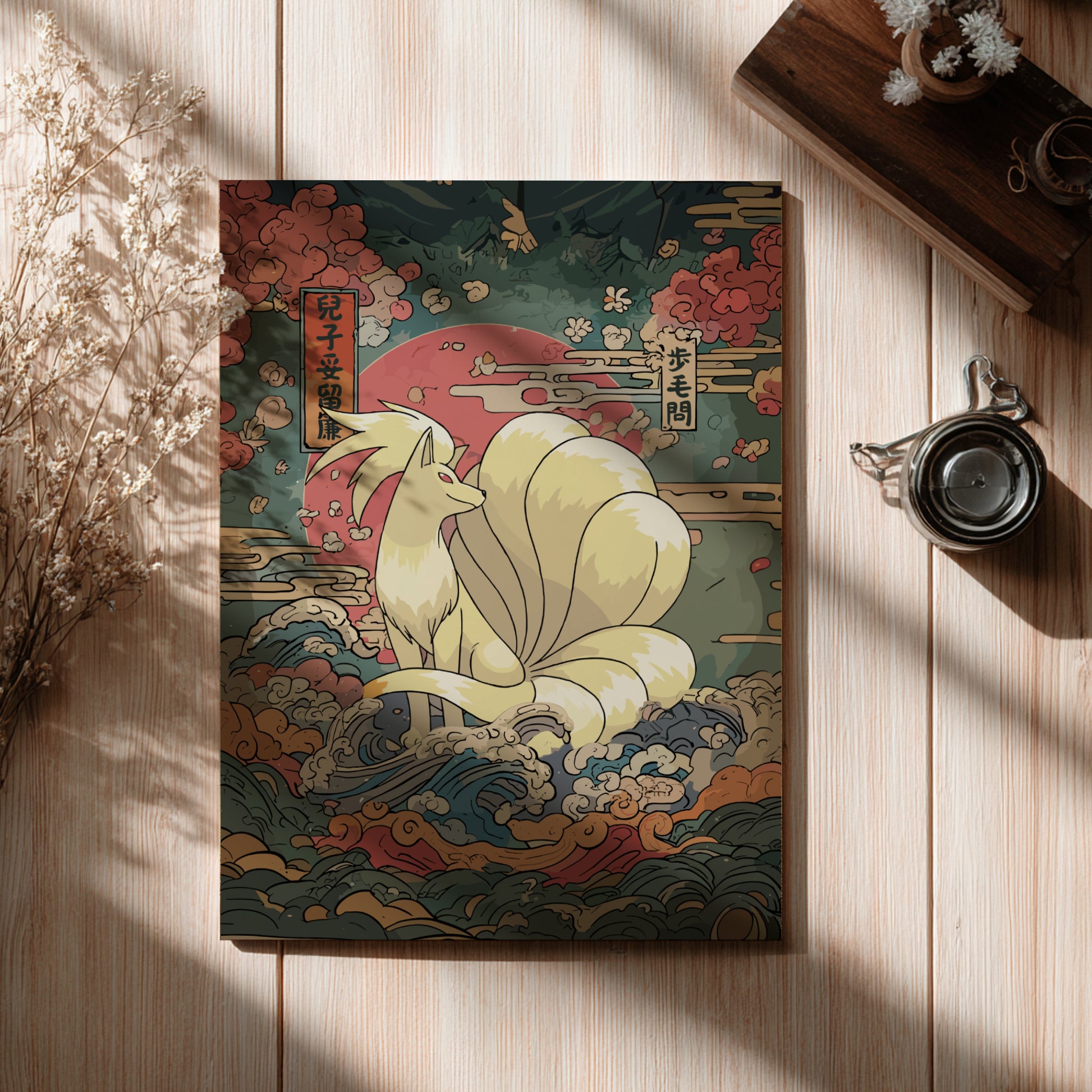 Futurama-themed poster with Ninetales Pokemon design on a wooden surface