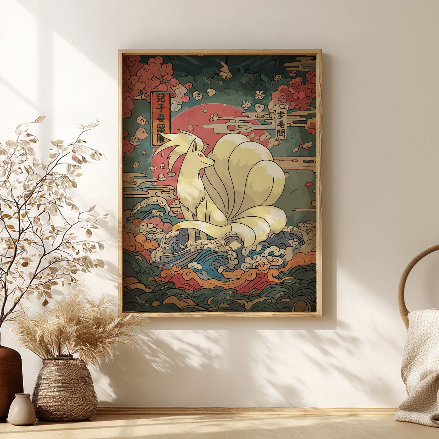 Framed artwork of Ninetales Pokemon with a colorful background on a wall.