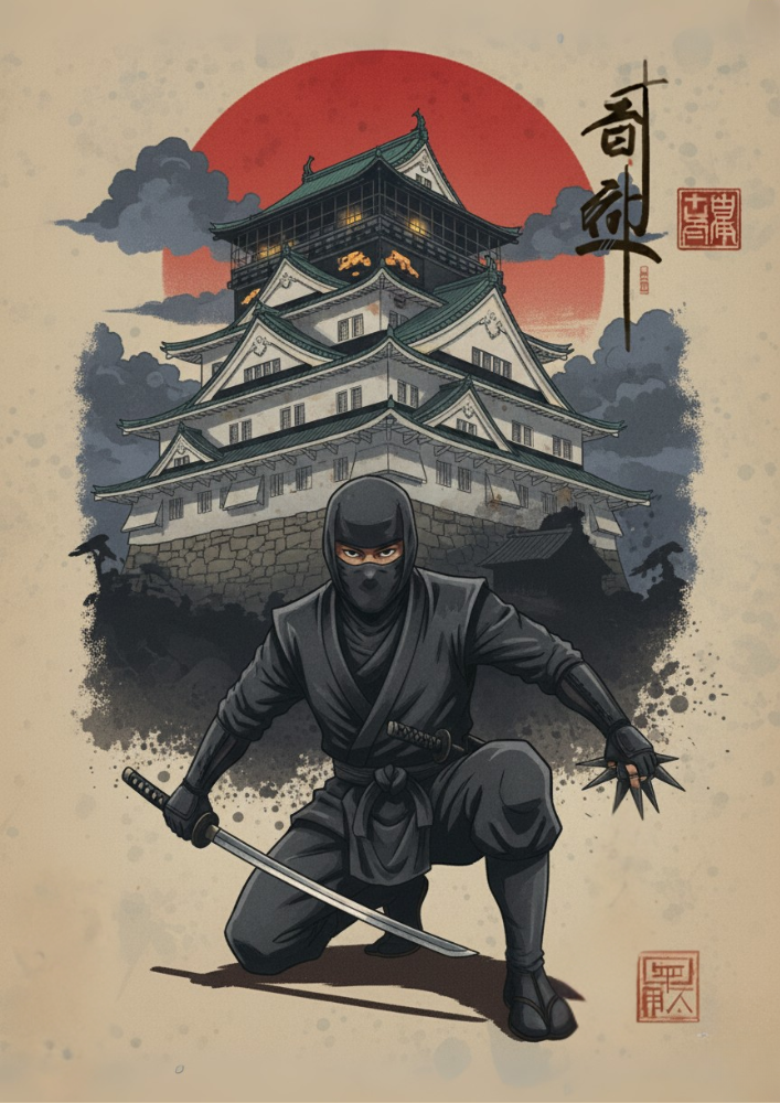 Ninja with a sword in front of a Japanese castle under a red sun