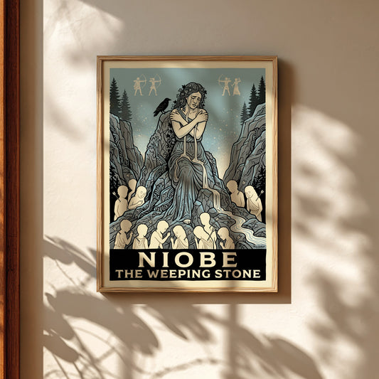 Niobe Greek mythology poster depicting a weeping woman as a stone, surrounded by children and mythological
