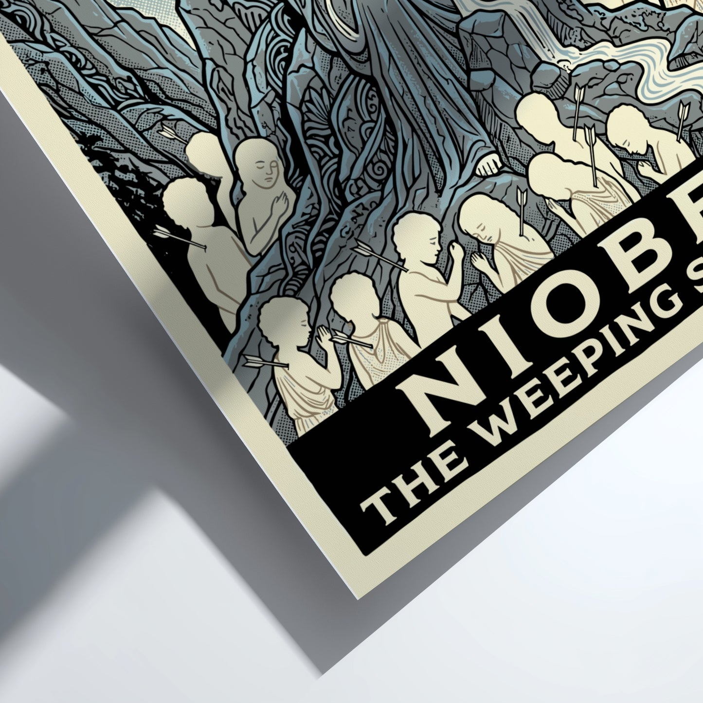 Niobe Greek mythology poster depicting a weeping woman as a stone, surrounded by children and mythological