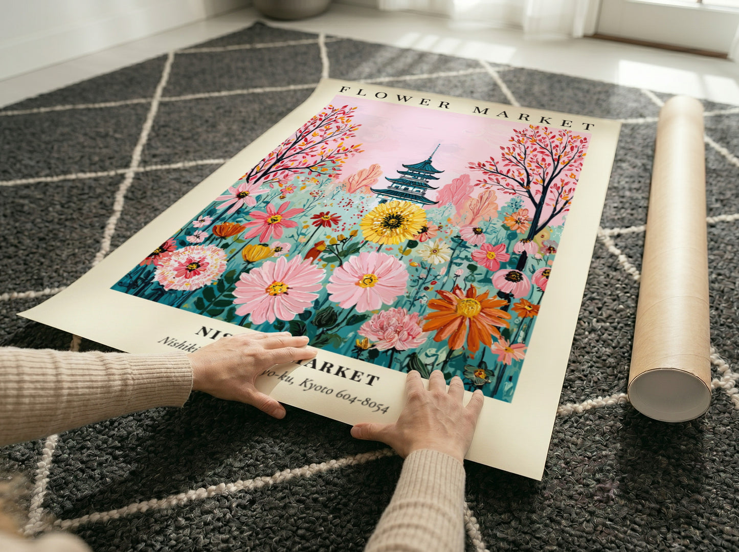 Floral art print featuring colorful flowers and a pagoda in a vibrant garden setting