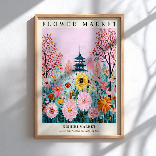 Floral art print featuring colorful flowers and a pagoda in a vibrant garden setting
