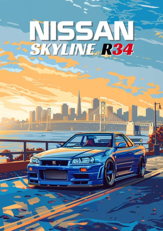 Affiche Nissan Skyline R34 GT-R – Décoration murale de voiture de sport JDM des années 1990