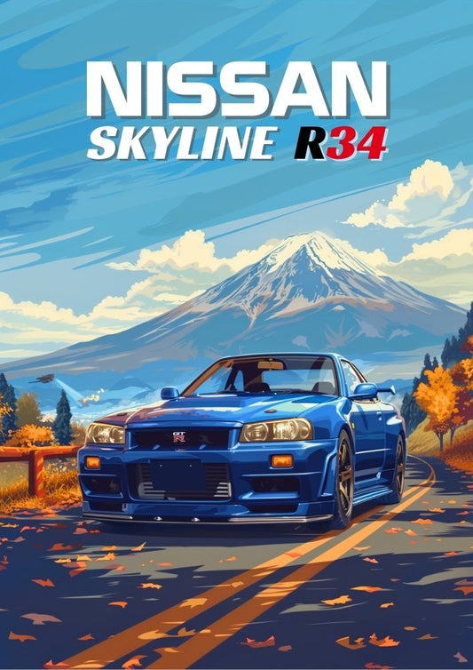Impression Nissan Skyline R34 – Décoration murale légendaire des années 1990, supercar JDM