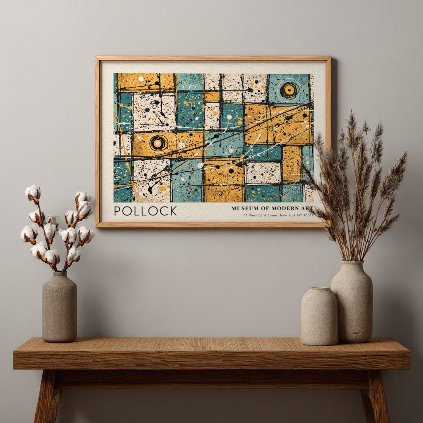 Wall art poster featuring Jackson Pollock No 31 action painting with blue yellow grid