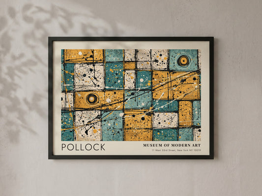 Wall art poster featuring Jackson Pollock No 31 action painting with blue yellow grid