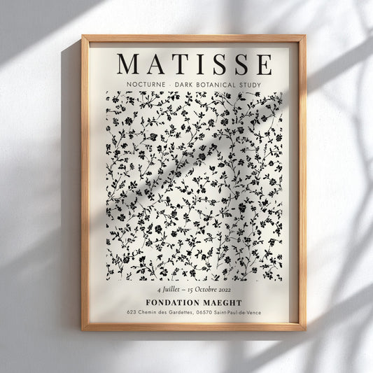Dark botanical study poster featuring intricate floral patterns in monochrome by Henri Matisse, perfect for