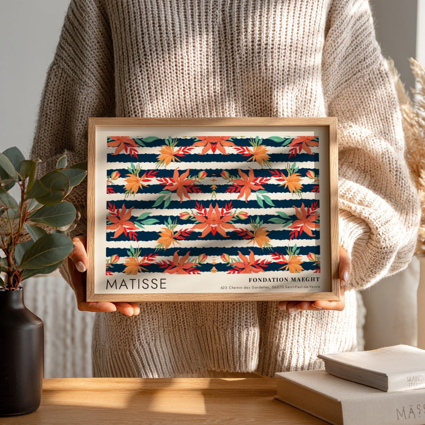 Henri Matisse poster featuring dark botanical design with vibrant florals and deep blue background