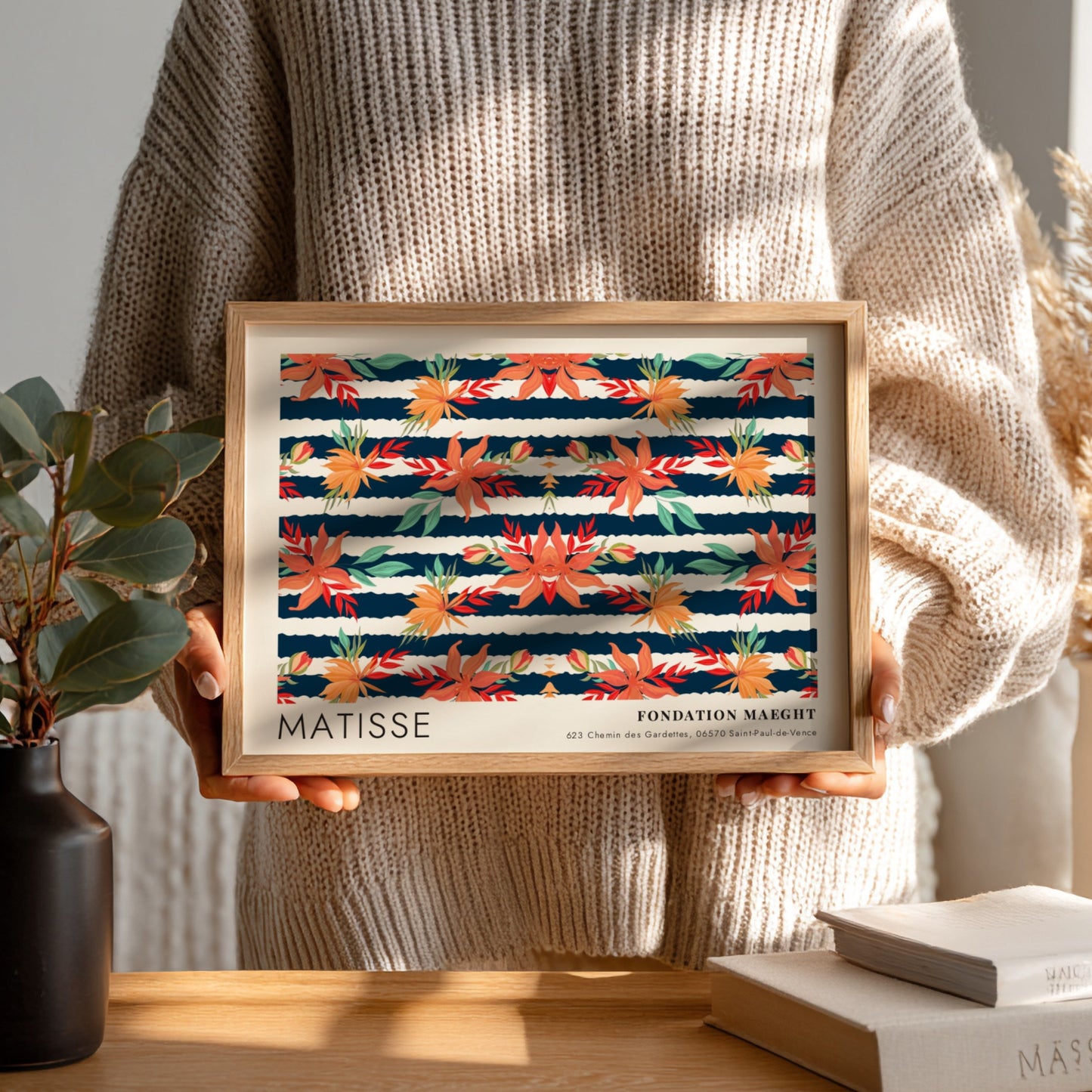 Nocturne wall art print featuring vibrant botanicals by Matisse, dark background, colorful design.