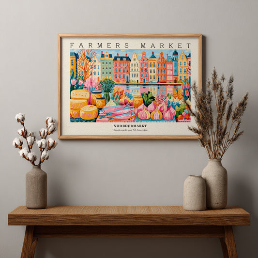 Farmers market poster showcasing Noordermarkt in Amsterdam with colorful canal houses and fresh produce