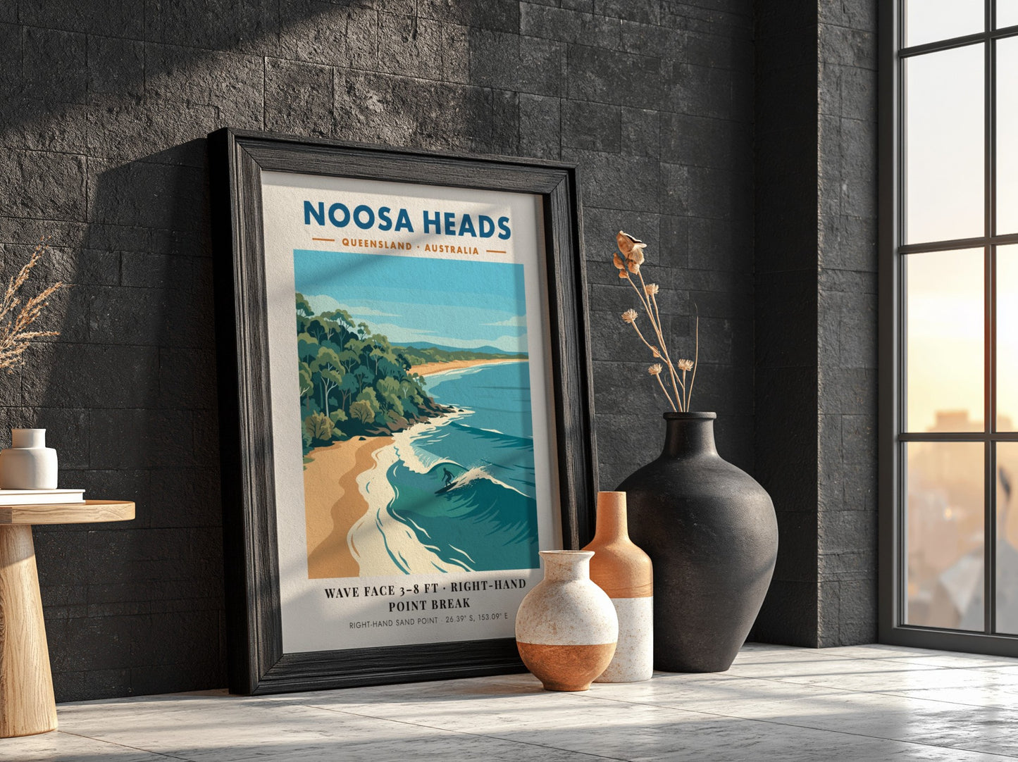 Noosa Heads travel poster featuring a surfer on a wave and coastal forest.