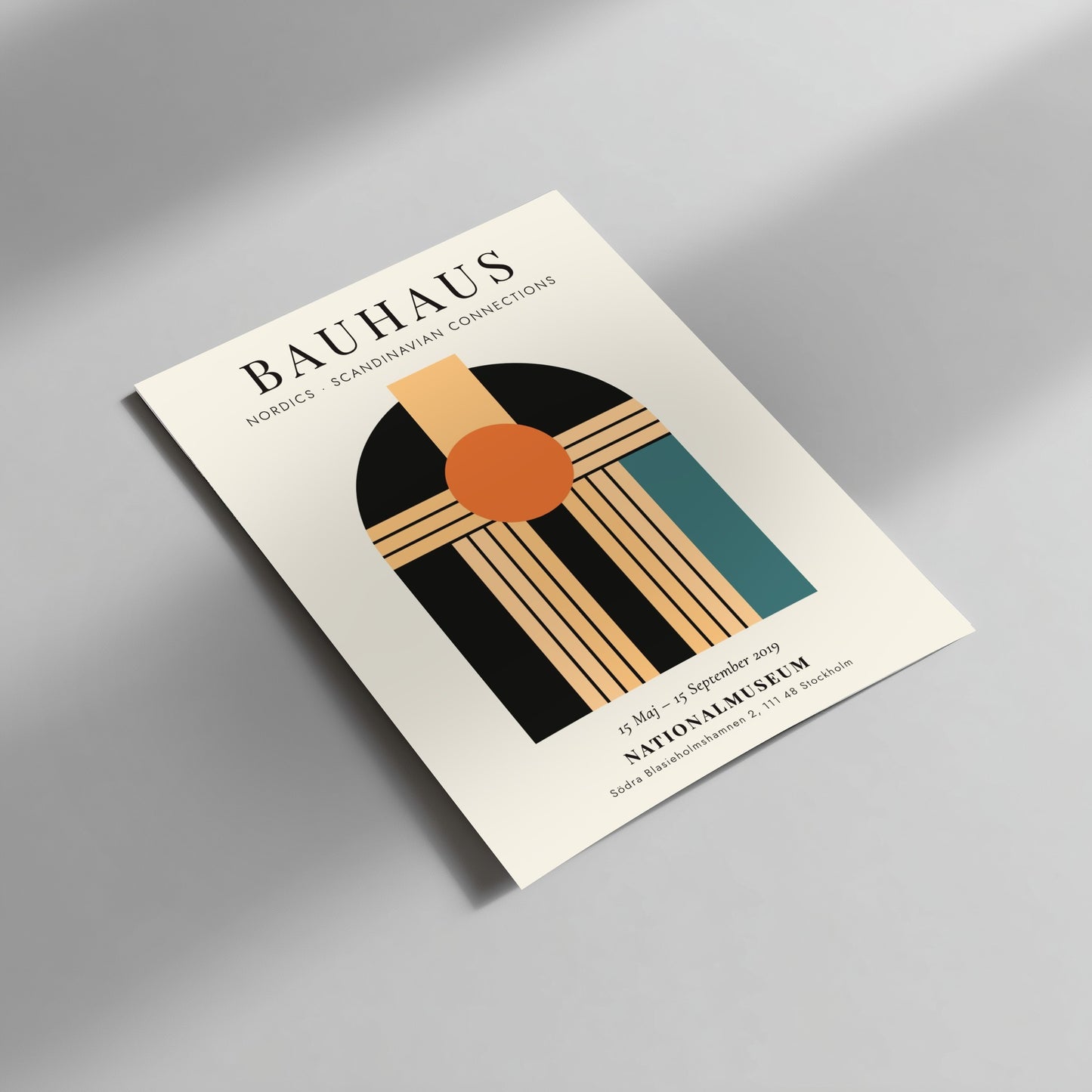 Bauhaus poster showcasing geometric shapes and vibrant colors in a Scandinavian style.