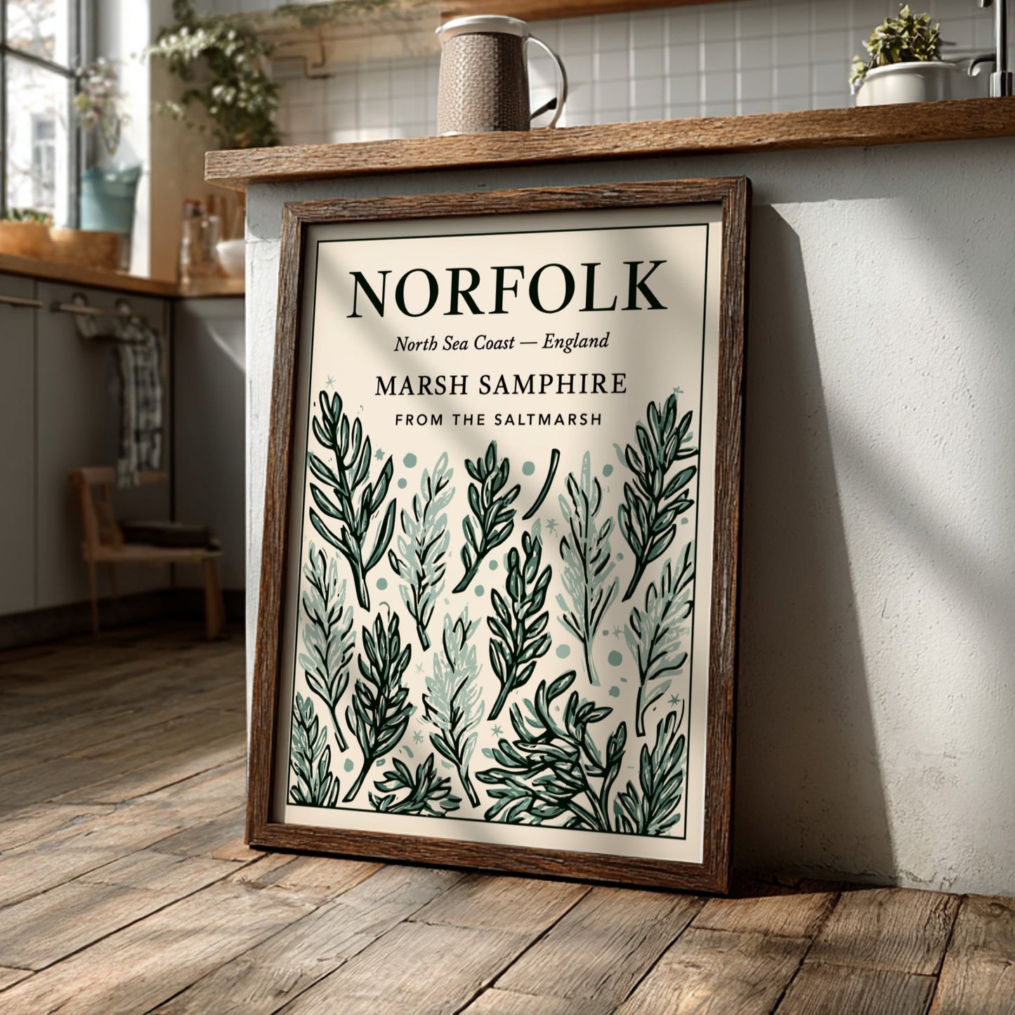 Kitchen poster featuring marsh samphire illustrations in soft greens, perfect for botanical decor and