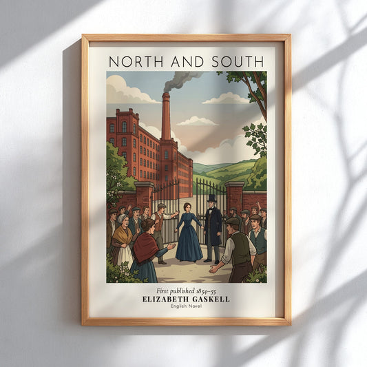 Poster featuring Elizabeth Gaskell North and South book cover illustration with industrial factory scene
