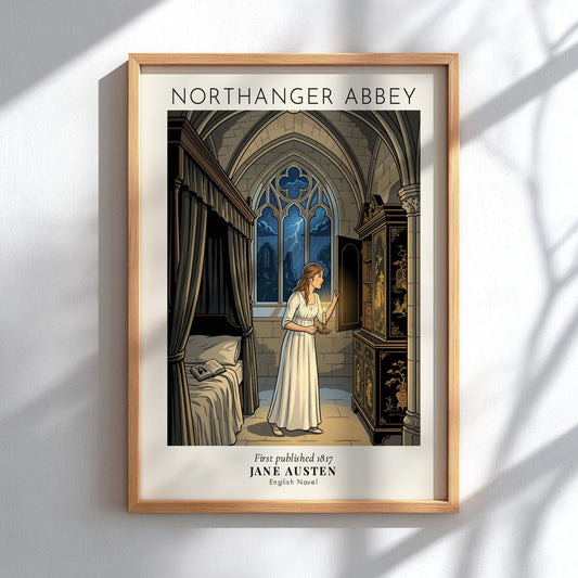 Poster featuring a young woman with a candle exploring a gothic cabinet inside Northanger Abbey.