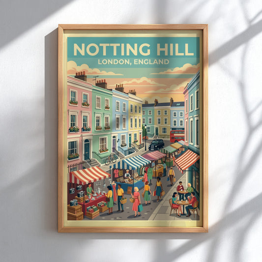 Notting Hill travel poster featuring pastel houses and market stalls in a vintage style