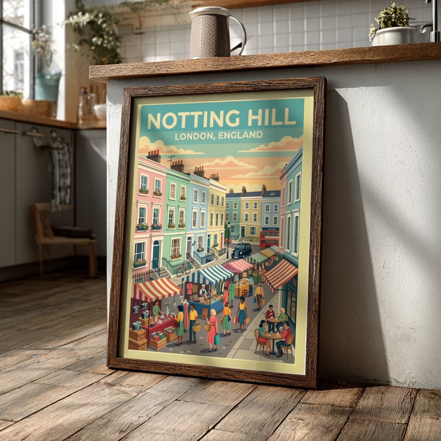 Notting Hill travel poster featuring pastel houses and market stalls in a vintage style