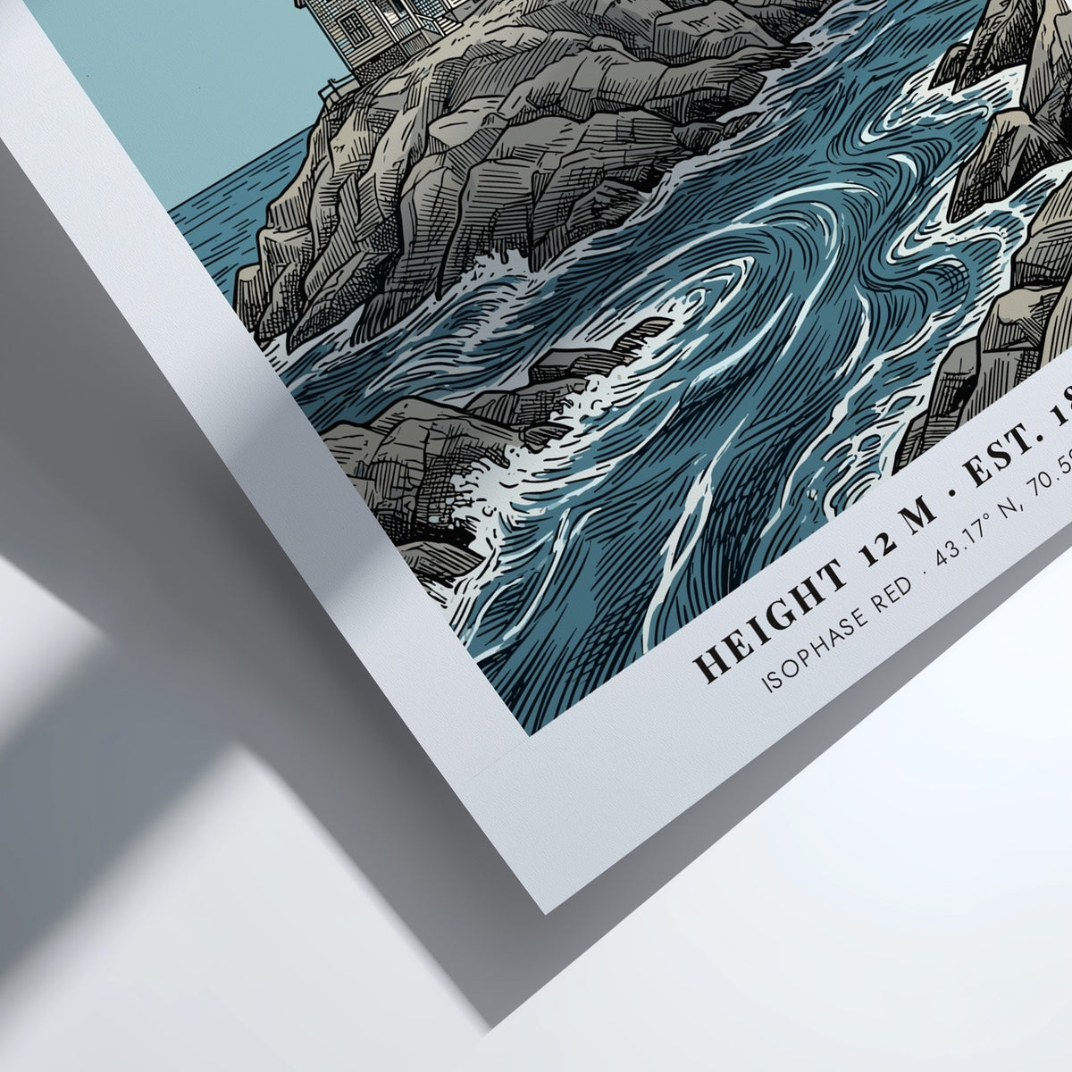Poster of Nubble Light in Maine featuring a lighthouse on rocky coastal shores.