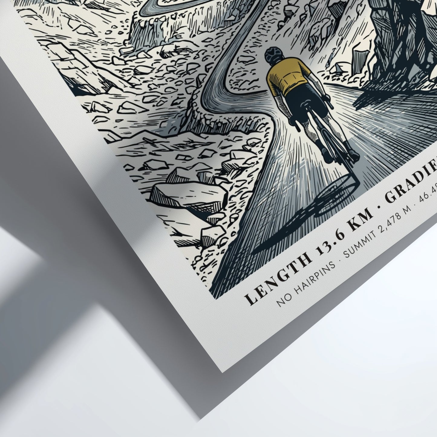 Cycling poster of Nufenen Pass in Switzerland featuring a mountain climber on road