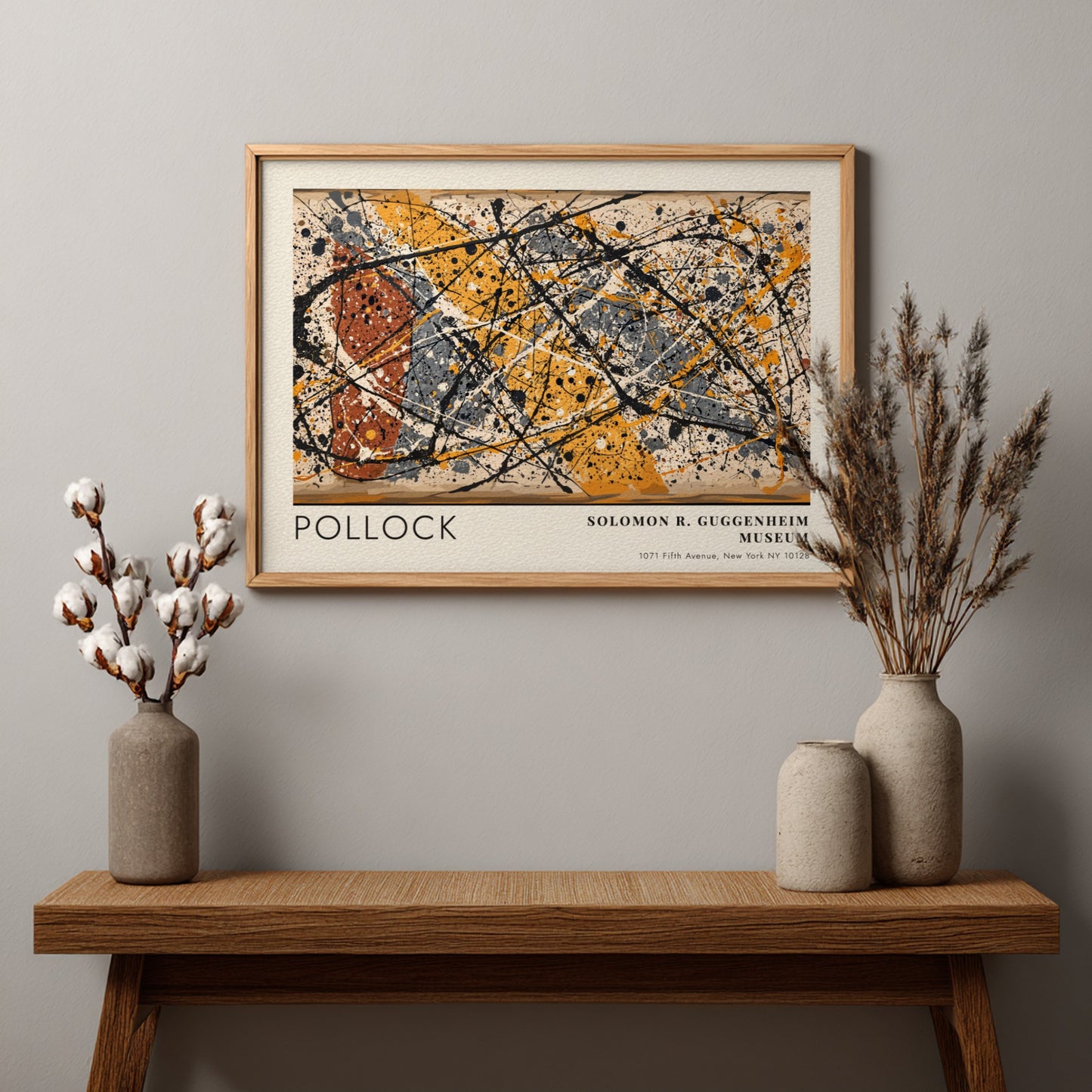 Wall art poster featuring Jackson Pollock abstract drip painting in black yellow and orange.