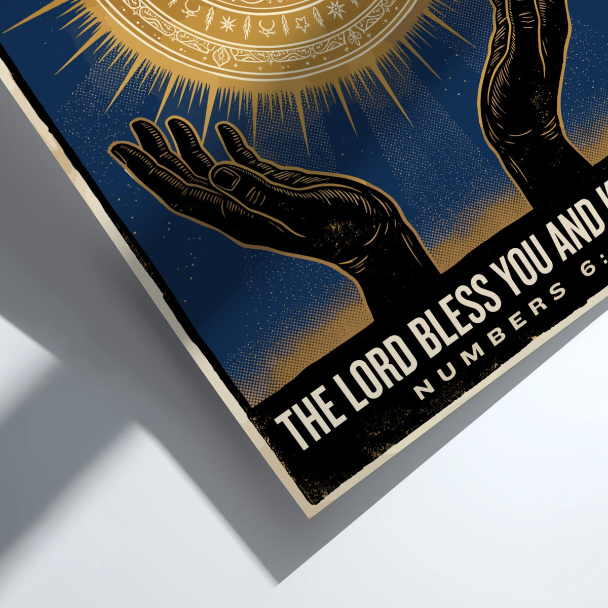 Poster displaying hands reaching toward a radiant golden sun mandala on navy blue background.