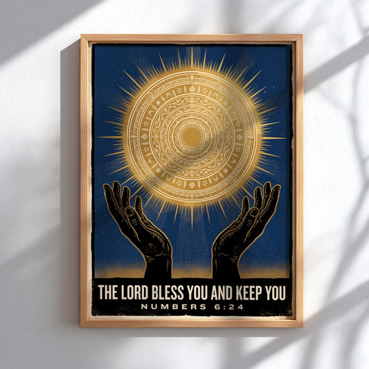 Poster displaying hands reaching toward a radiant golden sun mandala on navy blue background.