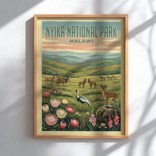 Nyika National Park poster featuring wildlife and vibrant colors, nature-inspired wall decor