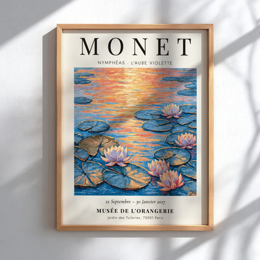 Monet inspired poster featuring L'Aube Violette with soft violet hues and lily pads
