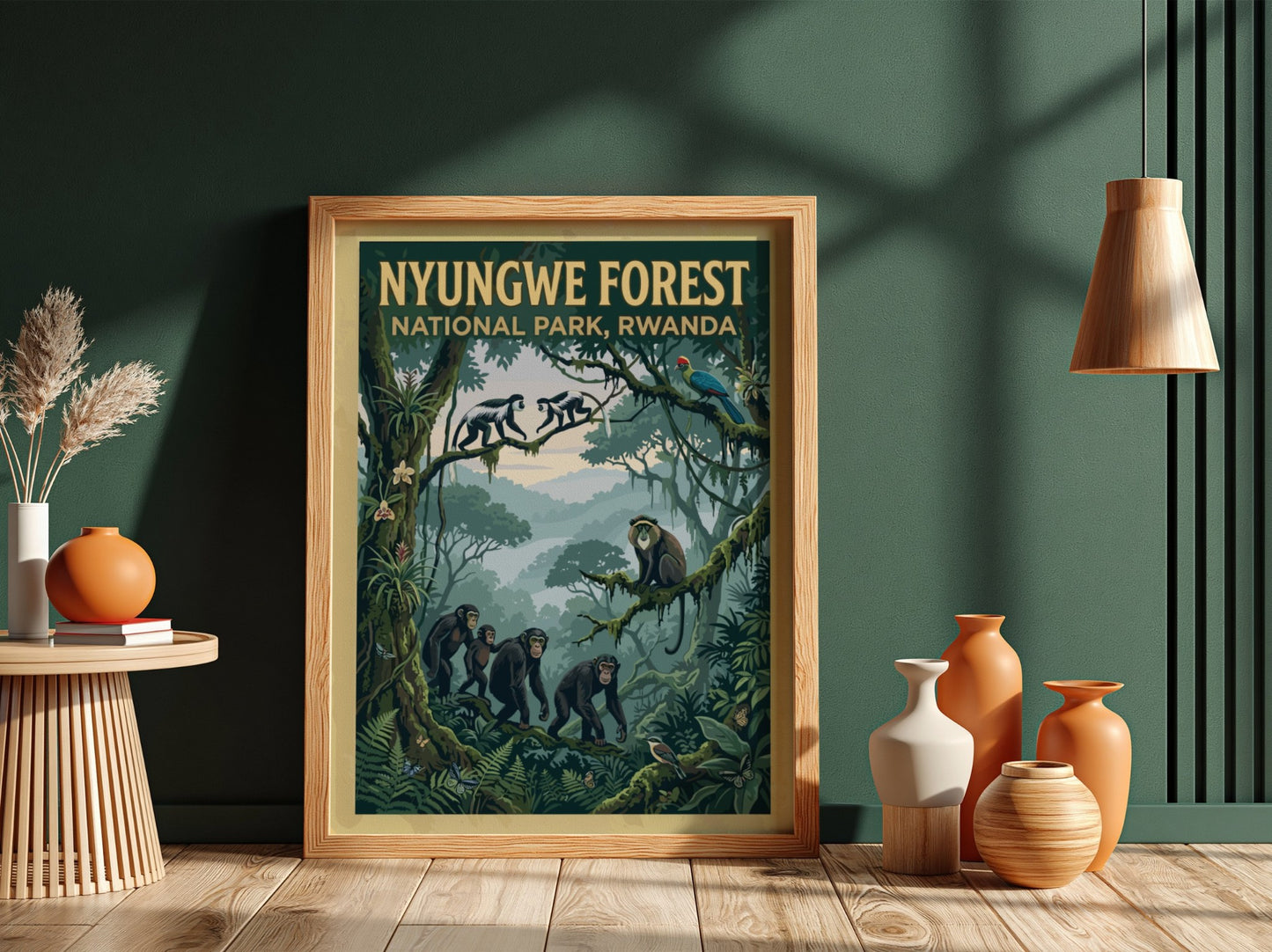 Nyungwe Forest poster featuring monkeys and lush greenery in vibrant colors, perfect for nature lovers and
