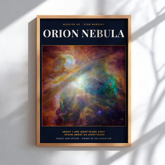 Poster of the Orion Nebula showing vibrant orange and teal clouds with distant stars