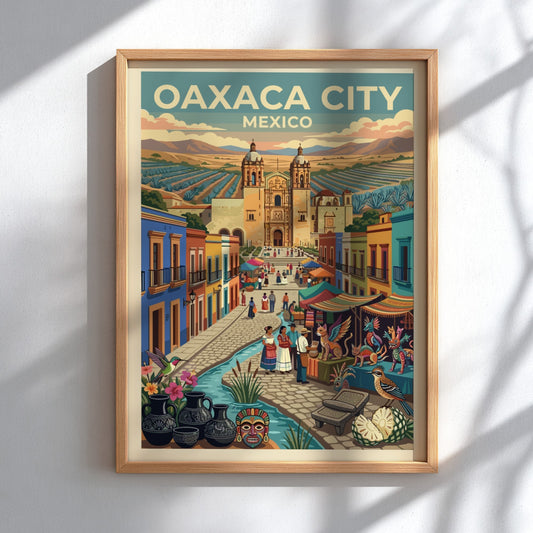 Travel poster of Oaxaca City Mexico featuring a cathedral market stalls and pottery
