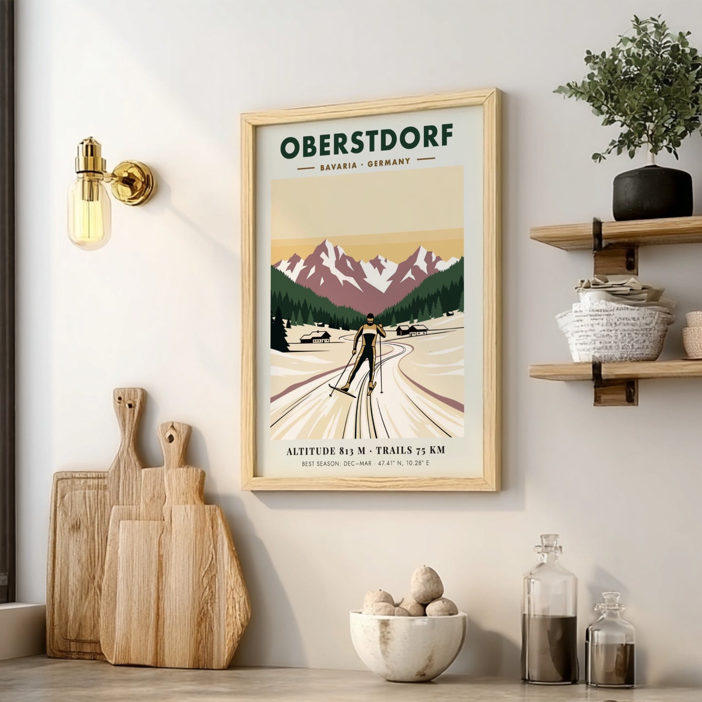 Poster featuring a cross-country skier in Oberstdorf Bavaria against snow-capped mountains and pines