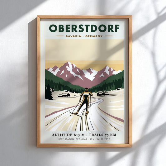 Poster featuring a cross-country skier in Oberstdorf Bavaria against snow-capped mountains and pines