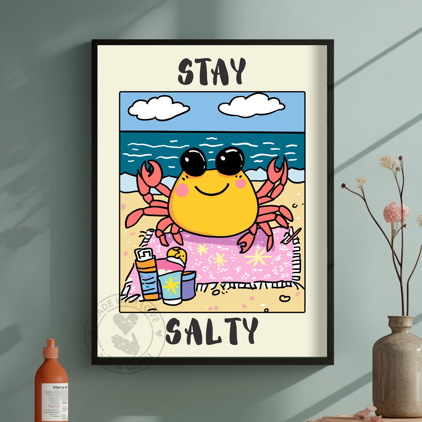 Stay Salty Retro Crab Poster – Vintage Beach Wall Art, Coastal Summer Decor, Nautical Typography Print