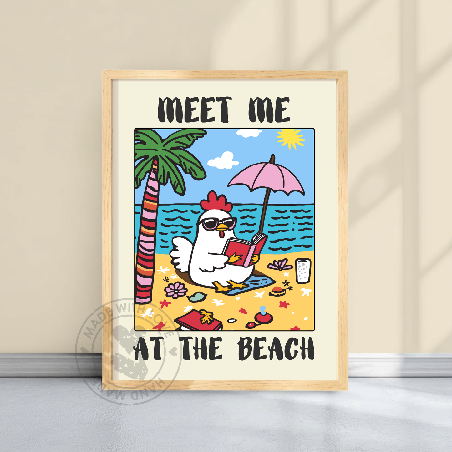 Meet Me at the Beach Funny Chicken Poster – Trendy Coastal Wall Art, Beach House Vintage Art