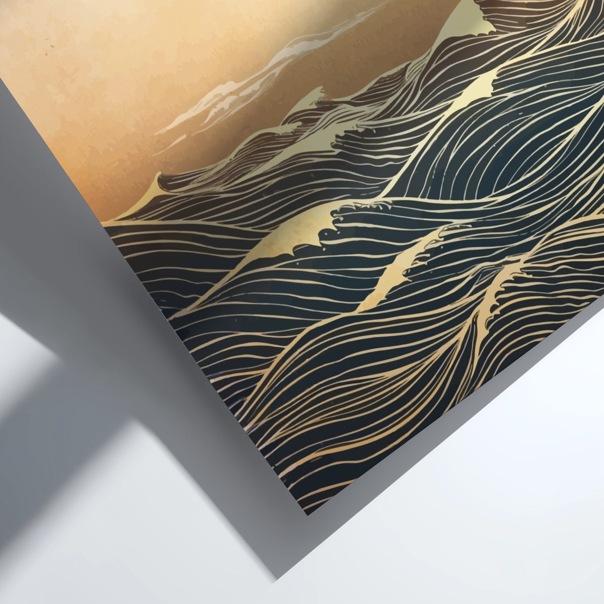 Poster featuring golden ocean waves and gulls flying under a sunlit amber sky