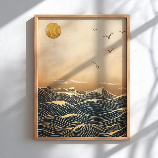 Poster featuring golden ocean waves and gulls flying under a sunlit amber sky