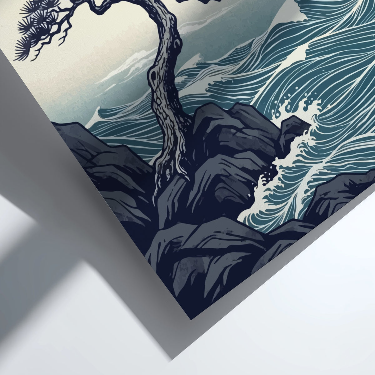 Poster featuring a gnarled pine tree on coastal rocks with blue ocean waves